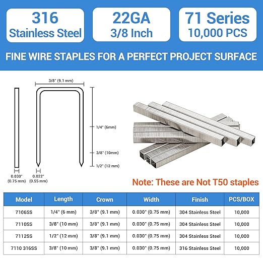 meite 71/10 22 Gauge 71 Series 316 Stainless Steel Upholstery Staples, 3/8-Inch (9.1 mm) Crown 3/8-Inch Length for Fine Wire Stapler Gun and Marine Upholstery (10 Boxes)