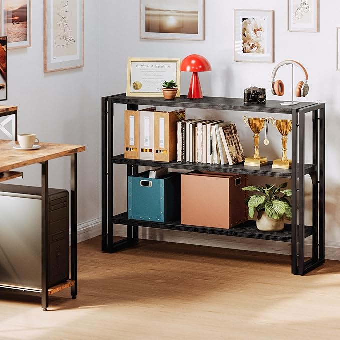 IRONCK Bookshelf Industrial 3 Shelf Bookcase, Wood Storage Shelf with Metal Frame for Living Room, Black