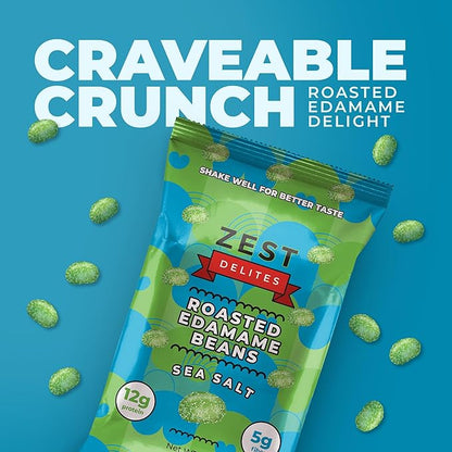 Crunchy Dry Roasted Edamame Beans Snack by Zest Delites, Sea Salt, Vegan, Low Calorie (110cal) High Protein Snacks (12g), Low Carb, Keto, Gluten Free, 0.9 oz 24 Packs