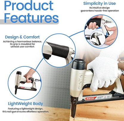meite Upholstery Staple Gun with Extended Nose for 21 Gauge 1/2-Inch Crown Staples, Heavy-Duty Pneumatic Stapler for Woodworking, Carpentry, and Decoration DIY Projects (Model MT8016LN)