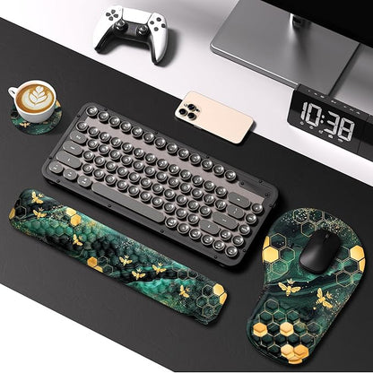 EYROZILL 3 in 1 Ergonomic Mousepad and Keyboard Wrist Rest, Mouse Pad with Wrist Support Massage Design, Keyboard Wrist Rest and Mouse Pad Set for Home Office (Green Bee)