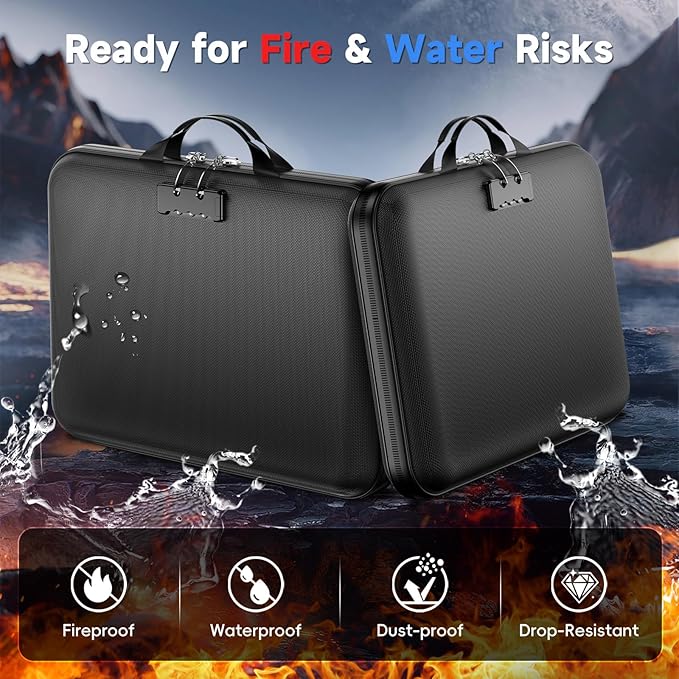 Fireproof Document Box with Lock, Waterproof Hard-Shell File Organizer with 13-Pocket Accordion Folder & Multi-Compartments for Laptop, Documents, Passports & Valuables
