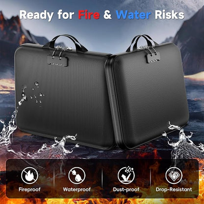 Fireproof Document Box with Lock, Waterproof Hard-Shell File Organizer with 13-Pocket Accordion Folder & Multi-Compartments for Laptop, Documents, Passports & Valuables