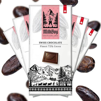 Milkboy Swiss Chocolates Dark Chocolates - 72% Cocoa, Made in Switzerland, Dairy Free, Vegan, Gluten-Free, Non-GMO, Kosher, Sustainably Farmed, European Chocolate - 3 oz, Pack 2