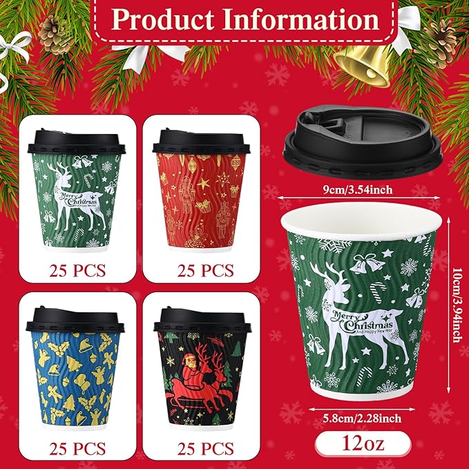 Foaincore 100 Sets Christmas Disposable Coffee Cups 12 oz Insulated Ripple Wall Paper Cup with Lid, Xmas Disposable Coffee Espresso Cups for Tea Cold Hot Drinking Party Supplies (Warm)