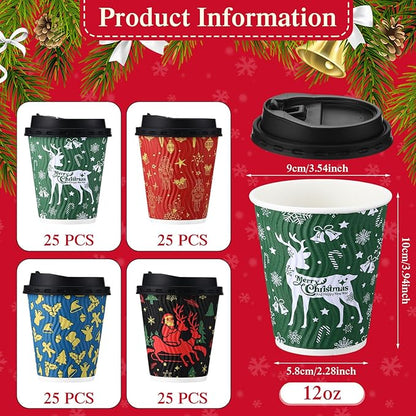 Foaincore 100 Sets Christmas Disposable Coffee Cups 12 oz Insulated Ripple Wall Paper Cup with Lid, Xmas Disposable Coffee Espresso Cups for Tea Cold Hot Drinking Party Supplies (Warm)