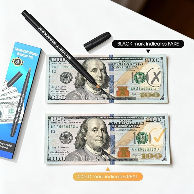 Counterfeit Money Detector Marker Pen, 3 Pack False Currency Checker Pack Easy to Use Fake Money Checker3 Times More Ink Upgraded Pen Tip
