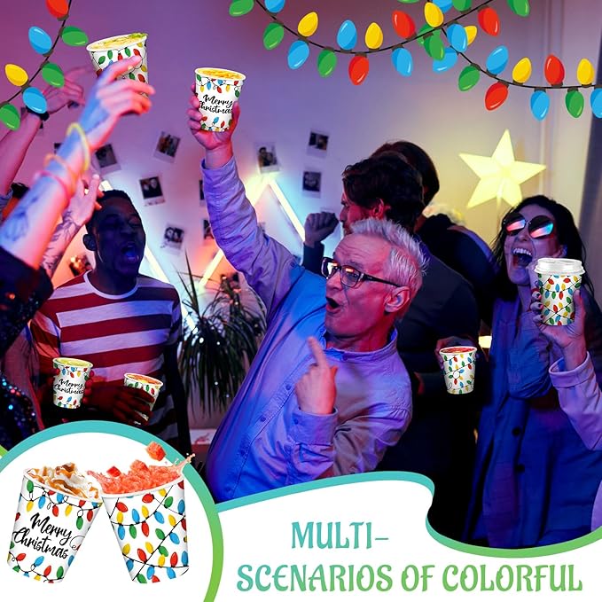 Funtery 100 Pieces Christmas Paper Cups Disposable Coffee Light Bulbs Insulated Coffee Paper Cups 9 Ounce Drinking Tea Christmas for Daily Use Holiday Party