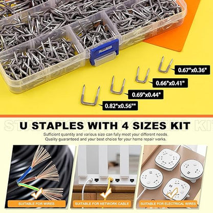 Tanstic 540 Pcs Insulated U Staple Nail Assortment Set with Storage Case, 4 Sizes Metal Cable Staple for Wood Fixing Wires Cables