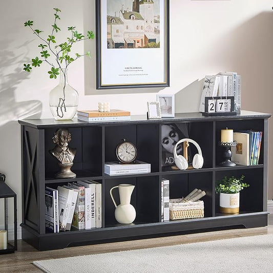 Book Shelf, 8 Cube Storage Organizer, 2-Tier Open Shelf Wooden Bookcase, Freestanding Wood Cube Storage Bookshelf for Bedroom, Living Room, Home Office (Black)
