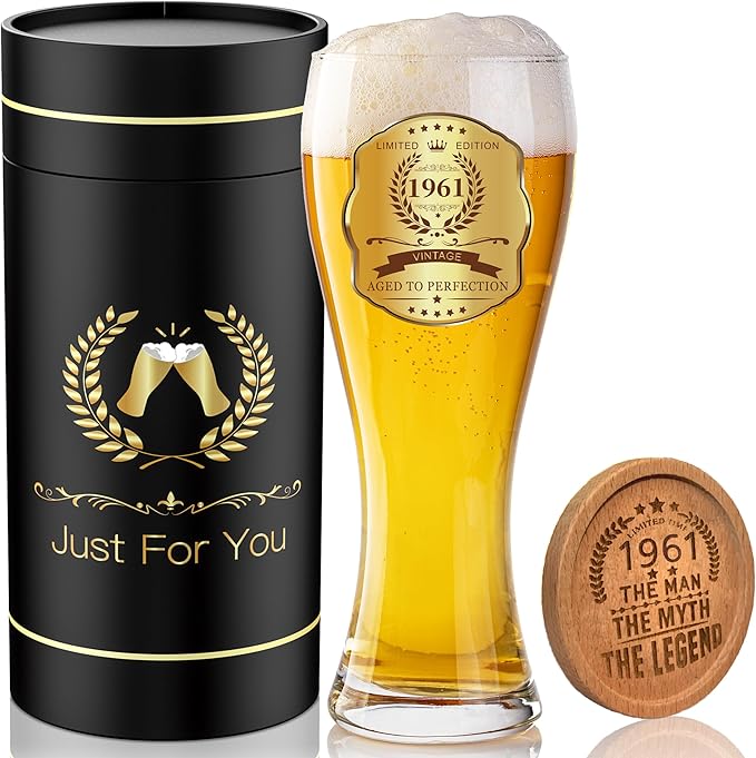 65th Birthday Beer Glasses Gifts, Personalized '1961' Vintage Glass Ware Set for Men, Black Gift Package with Drinking Glass, Coaster, and Card for 65 Years Old Man