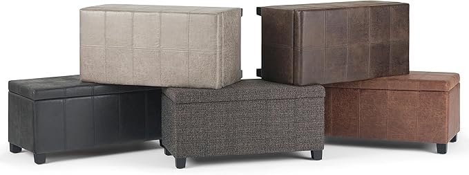 SIMPLIHOME Dover 36 inch Wide Contemporary Rectangle Storage Ottoman Bench in Distressed Umber Brown Vegan Faux Leather, Assembled, For the Living Room, Entryway and Family Room