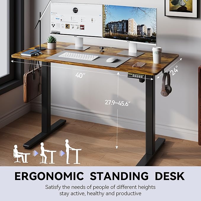 Electric Standing Desk Adjustable Height 40"x24" Stand Up Desk with Lockable Wheels Ergonomic Sit Stand Desk for for Work Office Home Computer Workstation (Rustic Brown)