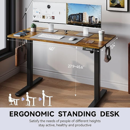 Electric Standing Desk Adjustable Height 40"x24" Stand Up Desk with Lockable Wheels Ergonomic Sit Stand Desk for for Work Office Home Computer Workstation (Rustic Brown)