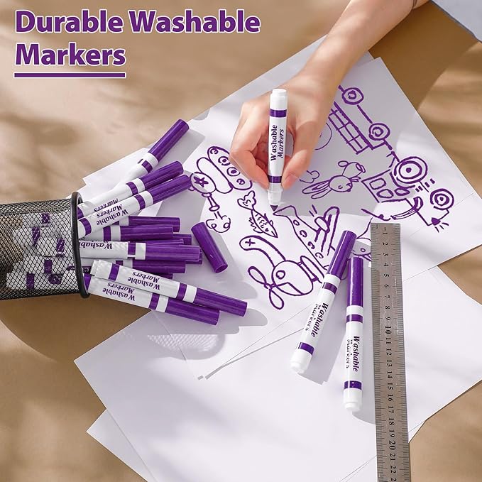 Janlaugh 36 Pcs purple Washable Markers Bulk Coloring Broad Line Markers for Kids purple Conical Tip drawing pen for School Supplies, travel Art baby shower gender reveal party Supplies, Ages 6+