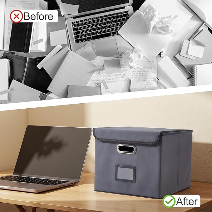 Collapsible File Box with Lid & Plastic Slide - Hanging Document Organizer for Office/Home, 14.96x12.6x10.83 Inch,Decorative Home File Bin,Dark Grey, 2 Pack (No Folders Included)