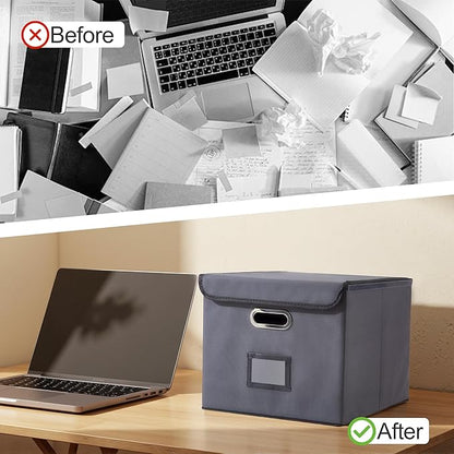 Collapsible File Box with Lid & Plastic Slide - Hanging Document Organizer for Office/Home, 14.96x12.6x10.83 Inch,Decorative Home File Bin,Dark Grey, 2 Pack (No Folders Included)