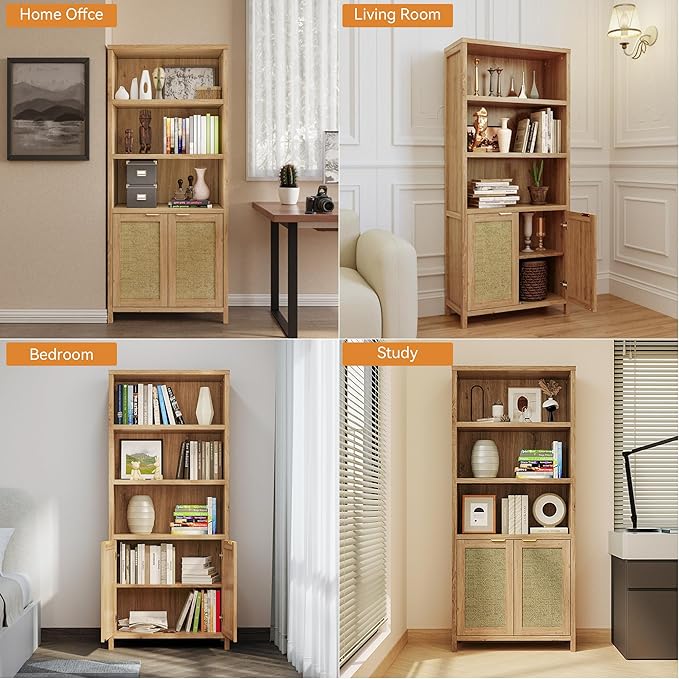 Bookshelf, 71" Tall Bookcase with Doors, 5 Tier Wooden Bookshelf Open Shelf Bookcase, Modern Farmhouse Bookshelves for Office,Library, Living Room