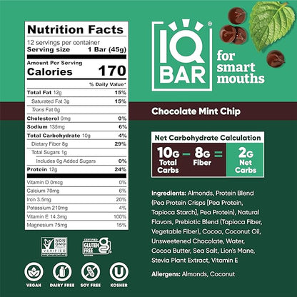 IQBAR Brain and Body Plant Protein Bars - Chocolate Mint Chip - 24-Count - Keto, Vegan, Low Carb, High Fiber, Gluten Free, Dairy Free, Low Sugar Snack with Nutrients for Focus, Energy, Meal Replacement