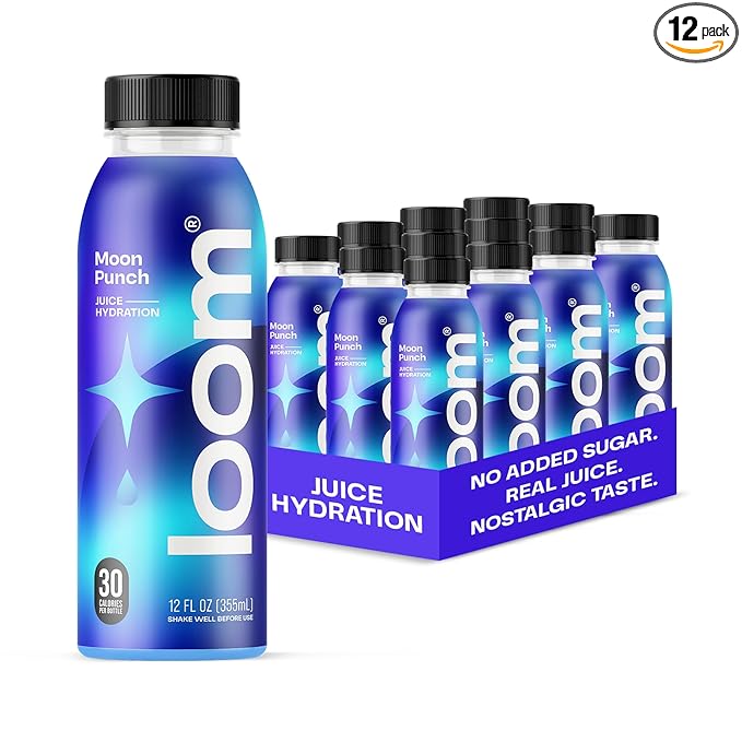 Moon Punch Juice Drinks by Loom, Low Sugar Juice, Real Fruit, No Added Sugar, 30 Calories, Vegan, Gluten Free, 12 oz bottles, 12 pack