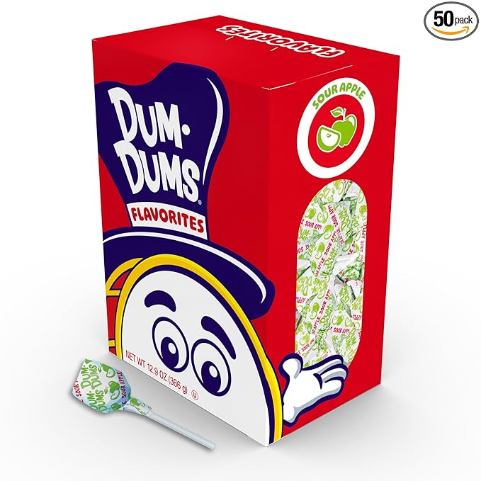 Dum Dums Sour Apple Lollipops - Bulk Candy Box with Lollipops Individually Wrapped, Single Flavor Gourmet Suckers - 50 Count
