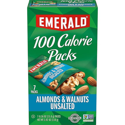 Emerald Nuts Unsalted Almonds and Walnuts 7 Ct (1-Pack), 100-Calorie Individual Packs of Nut Blend, Kosher Certified, Non-GMO, Contains No Artificial Preservatives, Flavors or Synthetic Colors