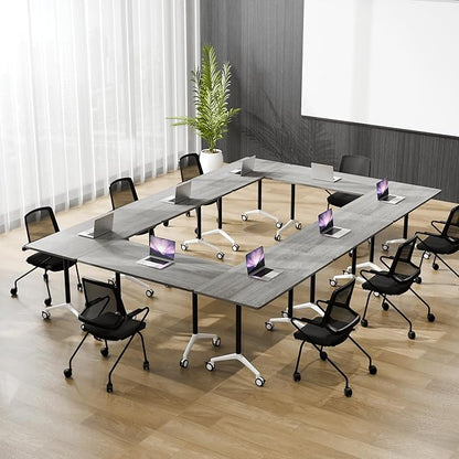 Conference Room Table, 55 Inch Folding Conference Tables with Wheels, Modern Office Meeting Table, Easy Flip & Nest Design, Rectangular Seminar Tables with Metal Frame for 2-24 People(C 4PCS)