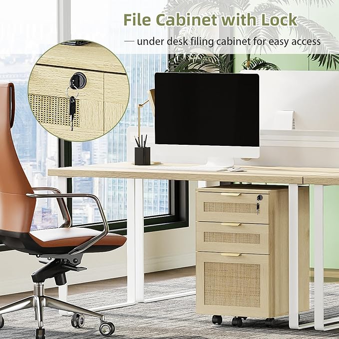HOPUBUY 3 Drawer File Cabinet with Lock, Rattan File Cabinets with Wheels, Small Filing Cabinet for Hanging A4/Letter/Legal/F4, Rolling Wood Filing Cabinets for Under Desk Home Office, Oak