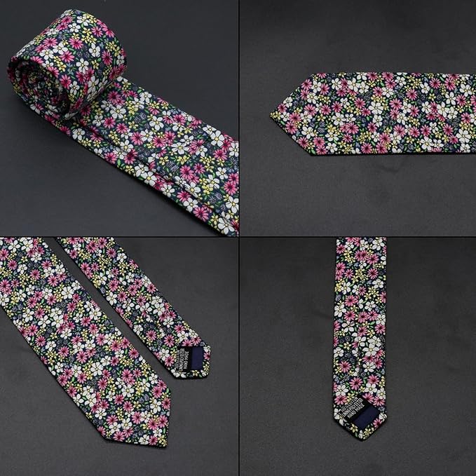 Cotton Floral Ties for Men 2.76" Men's Skinny Tie Linen Flower Printed Neck Tie for Wedding Dating Party