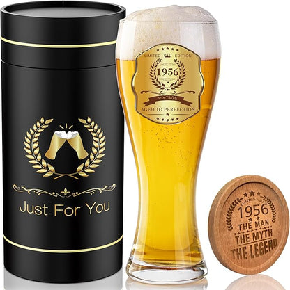 70th Birthday Beer Glasses Gifts, Personalized '1956' Vintage Glass Ware Set for Men, Black Gift Package with Drinking Glass, Coaster, and Card for 70 Years Old Man