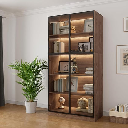 78.7" Display Cabinet with 4 Glass Doors, 5 -Tier Storage Cabinet with LED Lights, Tall Walnut Bookcase with Storage, Wooden Display Case for Collectible, Living Room, Office (Walnut)