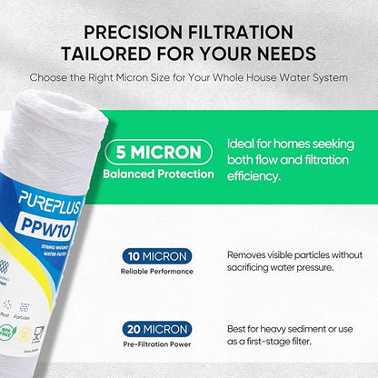 PUREPLUS 5 Micron 10"x2.5" Whole House String Wound Sediment Filter for Well Water, Replacement Cartridge for Universal 10 inch RO System, WP-5, Aqua-Pure AP110, CFS110, Culligan P5, WFPFC4002, 4Pack