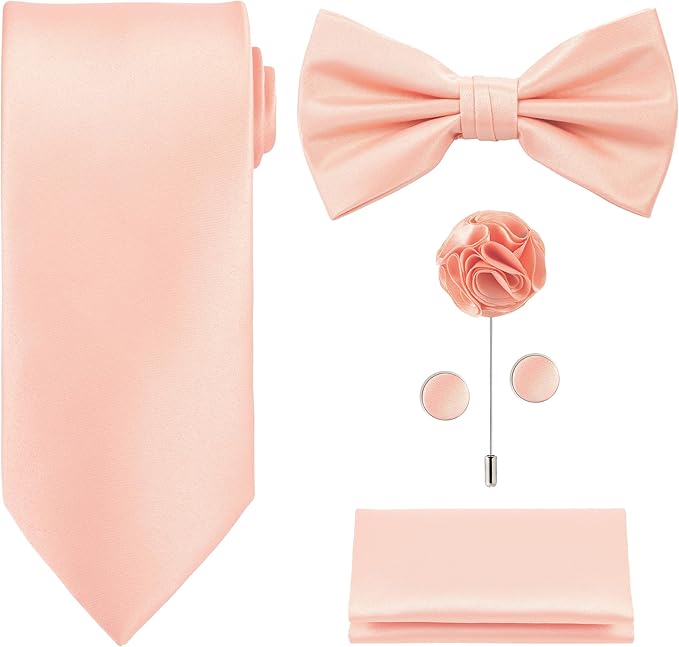 TIE G 5pcs Tie Set in WHITE OR BLACK GIFT BOX: Solid Color Necktie, Satin Bow Tie, Pocket Square, Lapel, Cuff Links