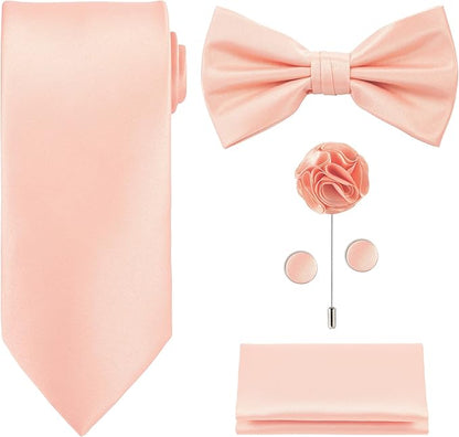 TIE G 5pcs Tie Set in WHITE OR BLACK GIFT BOX: Solid Color Necktie, Satin Bow Tie, Pocket Square, Lapel, Cuff Links