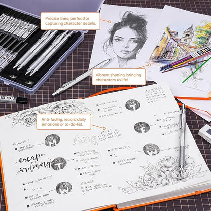 Nicpro 22PCS Metal Mechanical Pencil Set in Case, Art Drafting Pencil 0.5, 0.7, 0.9 mm & 2 PCS 2mm Mechanical Drawing Pencils with 396PCS Leads (4B 2B HB 2H Colored) for Drawing Writing Sketching