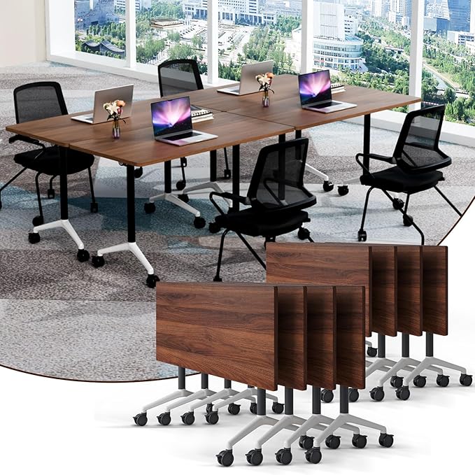 Folding Conference Table,Conference Table with Wheels,Large Flip-Top Training Table,Freely Combinations,Easy to Move for Offices, Schools,Training Rooms（8,Walnut,63in