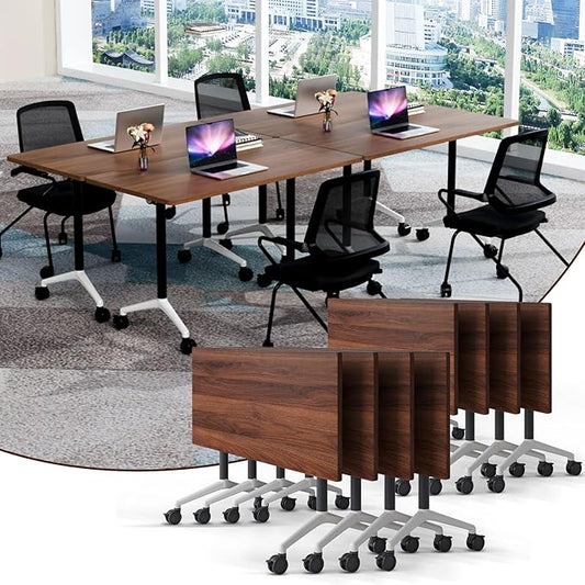 Folding Conference Table,Conference Table with Wheels,Large Flip-Top Training Table,Freely Combinations,Easy to Move for Offices, Schools,Training Rooms（8,Walnut,63in