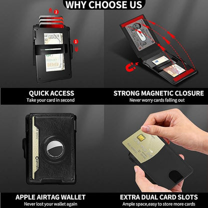 Compatible with Air Tag Wallet for Men, RFID Blocking Slim Minimalist Bifold Wallet with Pop Up Aluminum Card Case, Leather Credit Card Holder with Money Clip & ID Window, Holds 9–12 Cards, (black)