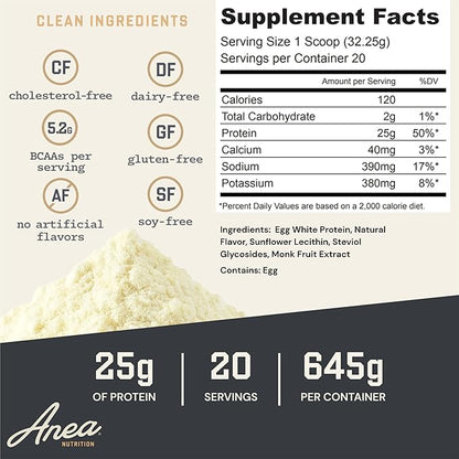 Anea Egg White Protein - Vanilla | 25g Protein | Cholesterol-Free | 5.2g BCAA | Complete Amino Acid Profile | Dairy-Free, Gluten-Free, Soy-Free | Smooth Vanilla Flavor | Made in GMP Facility