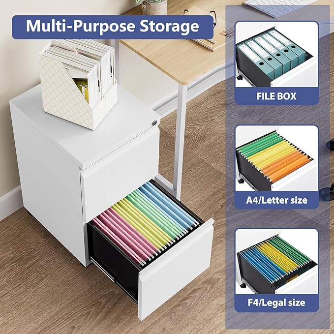 2 Drawer File Cabinet with Lock，Locking Filing Cabinet Under Desk,Rolling File Cabinets for Home Office/Legal/Letter Size,Fully Assembled,White