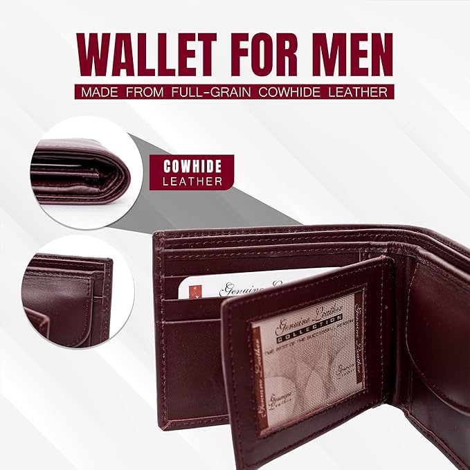 Bifold Wallet for Men with Premium Cowhide Leather Slim Wallet, Minimalist Design, Multiple Card Slots, Stylish Durable Gift-Ready Men’s Wallet (Maroon)