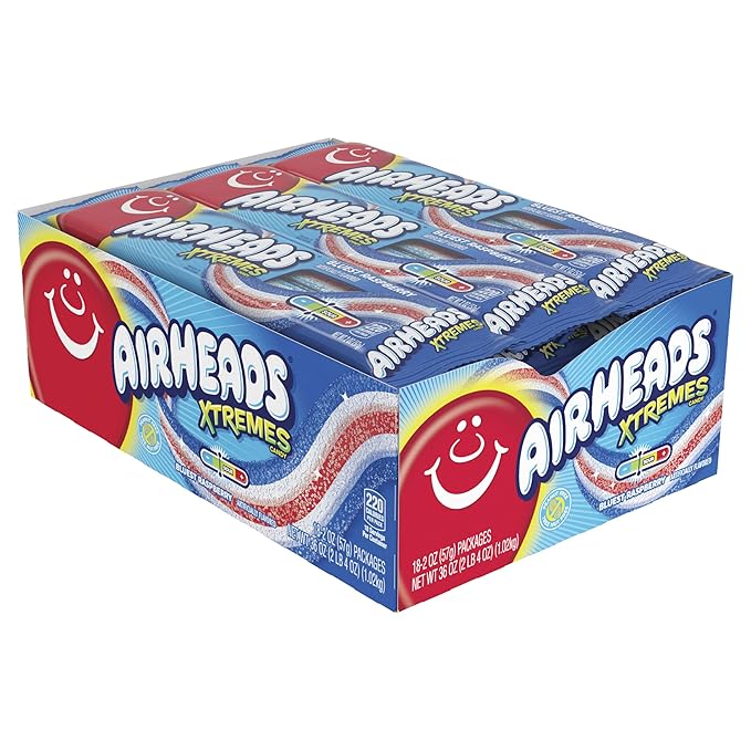 Airheads Xtremes Belts Holiday Candy, Chewy Candy Package, Christmas Stocking Stuffers for Adults & Kids, Bluest Raspberry Fruit Flavor Artificially Flavored, 2 Ounces (18-Pack)