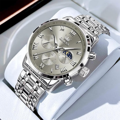 OLEVS Mens Stainless Steel Chronograph Watch, Big Face Roman Numerals Date Analog Quartz Dress Watches for Men, Fashion Multifunctional Waterproof Luminous Hands Men's Wristwatch