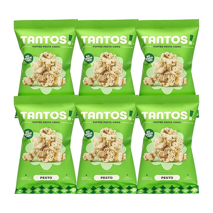 Tantos! Puffed Pasta Chips, Healthy Pasta Snack by Top Chef Joe Sasto, As Seen on Shark Tank, Plant Based, Low Calorie, Crunchy Chips, Variety Pack, Marinara, Pesto, Cacio e Pepe, Classico, Gourmet Bold Flavors, 4 oz 6 Pack of Pesto