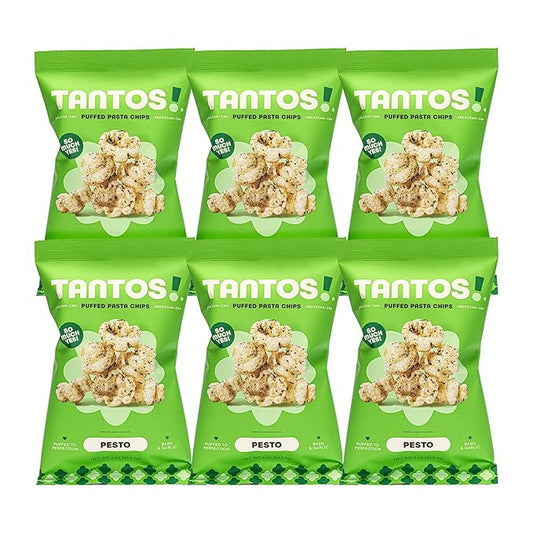 Tantos! Puffed Pasta Chips, Healthy Pasta Snack by Top Chef Joe Sasto, As Seen on Shark Tank, Plant Based, Low Calorie, Crunchy Chips, Variety Pack, Marinara, Pesto, Cacio e Pepe, Classico, Gourmet Bold Flavors, 4 oz 6 Pack of Pesto