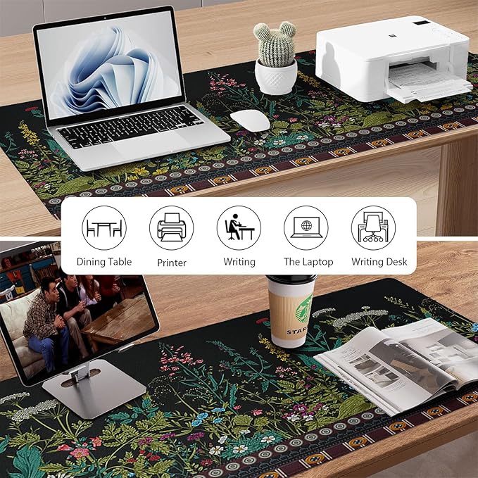 Flowers & Plants Patterns Desk Mat, Large Gaming Mouse Pad Non-Slip Rubber Base with Stitched Edges, Waterproof Protection for PC Laptop Home Office Desk Decor (31.5x11.8in)