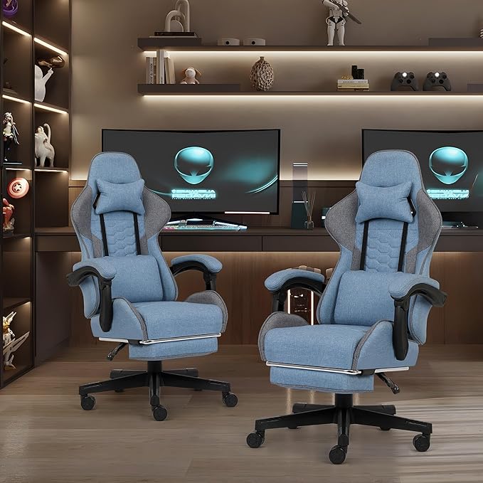 Gaming Chair, Computer Office Chair with Footrest, Linkage Armrests and Lumbar Support, High Back Ergonomic Gamer Chairs for Adults, Blue Fabric