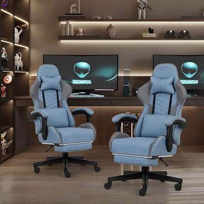 Gaming Chair, Computer Office Chair with Footrest, Linkage Armrests and Lumbar Support, High Back Ergonomic Gamer Chairs for Adults, Blue Fabric