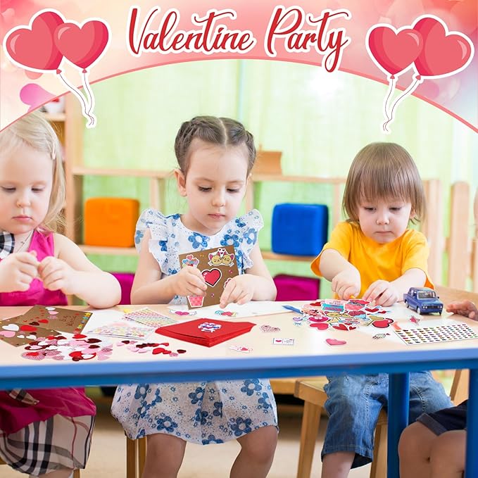 Zonon 32 Pack Valentines Crafts Set, Valentines DIY Card Valentines's Day Kits for Kids Girls Boys Foam Heart Sticker Craft DIY Kits Sticker Envelopes Cards Set for Classroom Exchange Gifts (Red)