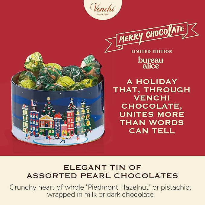 Venchi, Medium Christmas Hatbox Gift Tin with Assorted Perla Chocolates, with Whole Piedmont Hazelnut, Limited Edition, 7.2 oz, Gluten-Free, Christmas Gift Idea